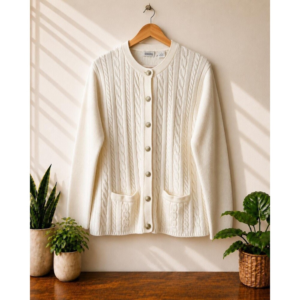 Vintage 90s Classic Elements Ivory Cable Knit Cardigan Sweater Size Large